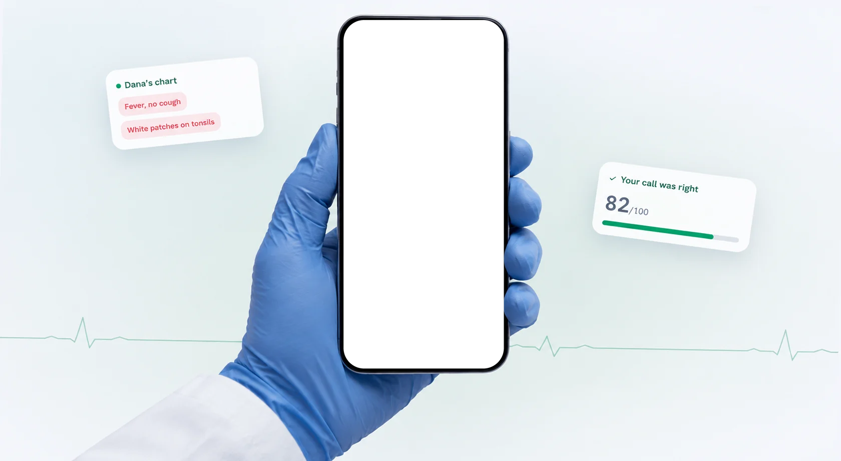 A gloved doctor's hand holding an iPhone running Rounds